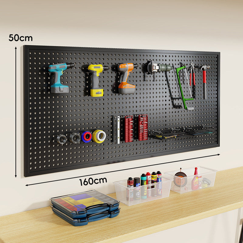 Heavy-Duty Wall-Mounted Perforated Steel Pegboard Tool Organizer with Modular Hooks and Shelf