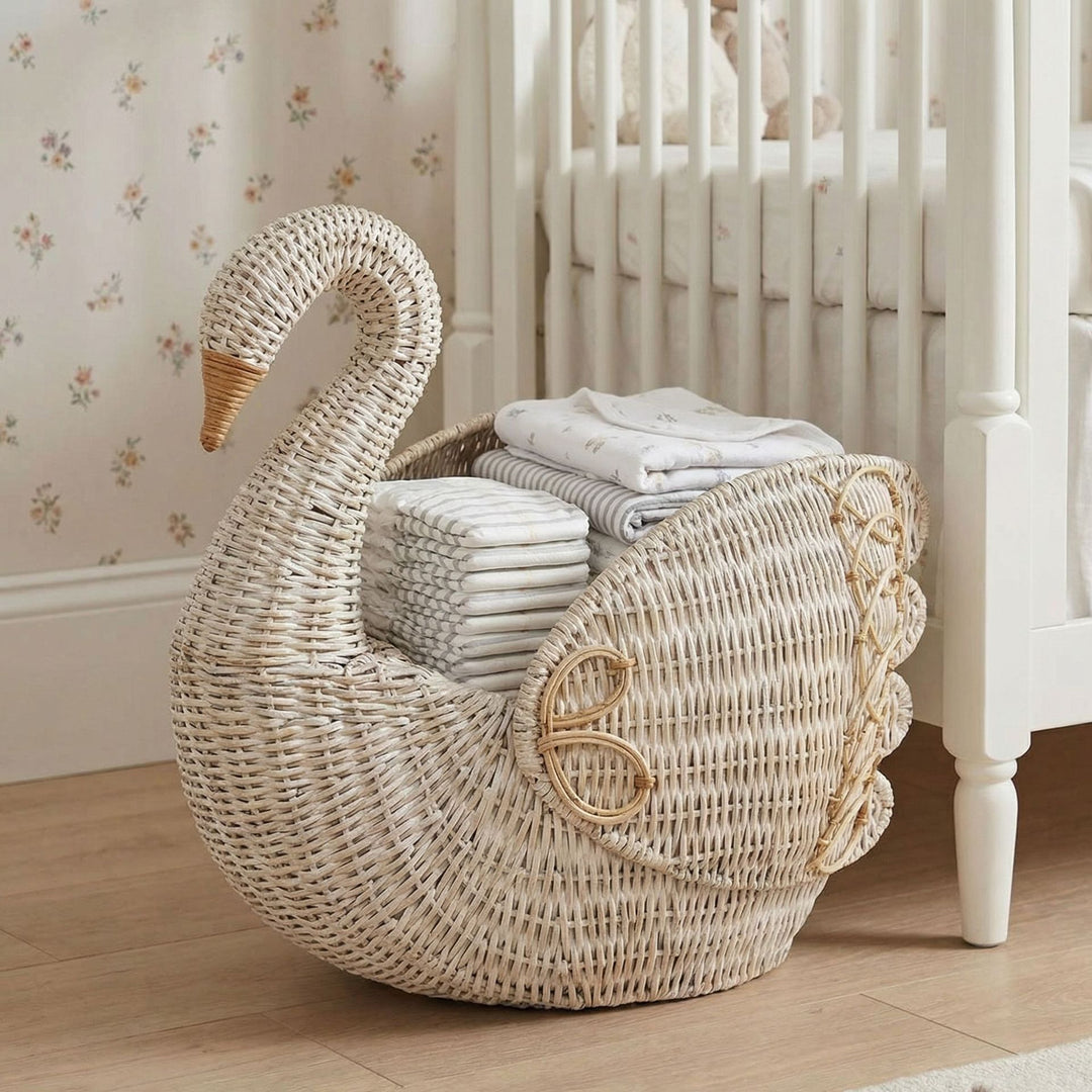 Playful laundry basket in the shape of a swan