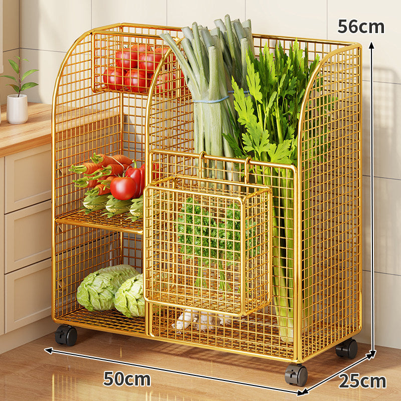 Rolling Metal Mesh Produce Storage Cart with Tall Vertical Compartment and Removable Shelves