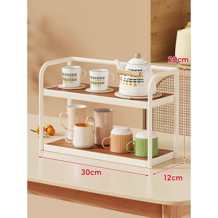Two-Tier Compact Countertop Kitchen and Tea Station Shelf with Wood-Effect Trays