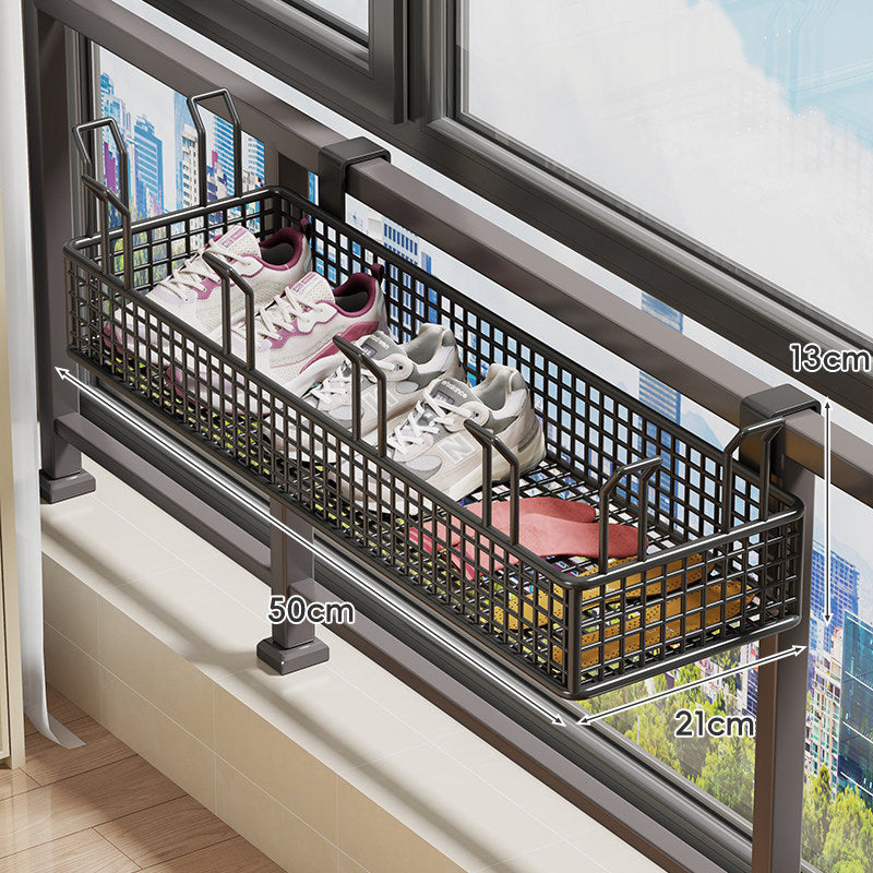 Hanging Balcony Two-Tier Shoe and Insole Organizer Rack with Mesh Baskets and Adjustable Hooks