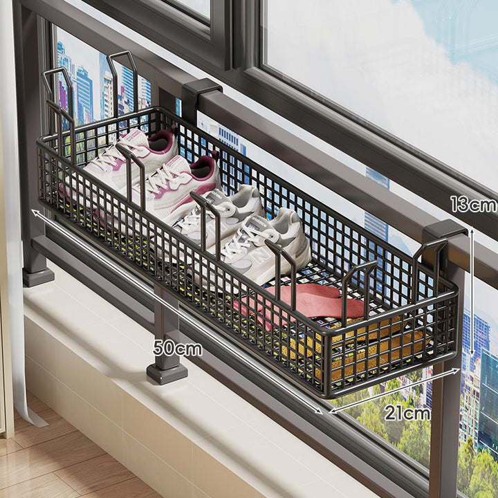 Hanging Balcony Two-Tier Shoe and Insole Organizer Rack with Mesh Baskets and Adjustable Hooks