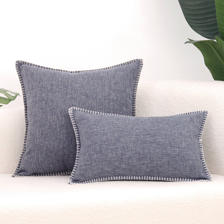 Textured Linen-Blend Square Throw Pillow Cover with Contrast Whipstitch Edge