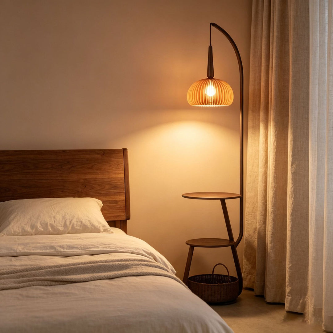 Modern tiered floor lamp with integrated side table