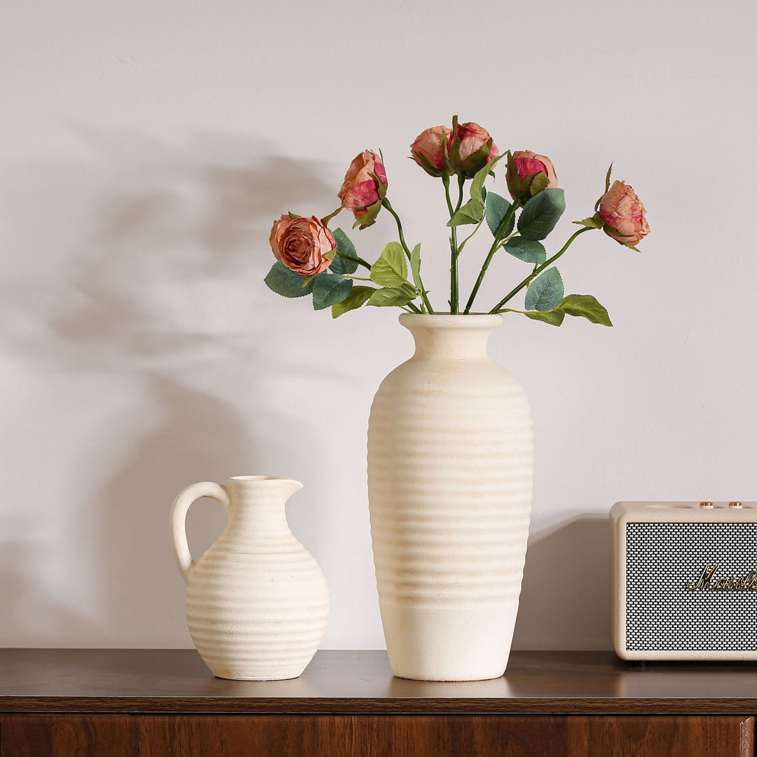 Handcrafted ceramic vase with ribbed structure