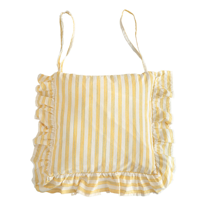 Striped chair cushion with ties, ruffled hem and linen look