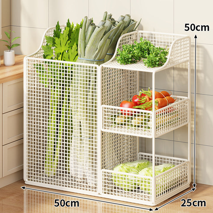 Rolling Metal Mesh Produce Storage Cart with Tall Vertical Compartment and Removable Shelves