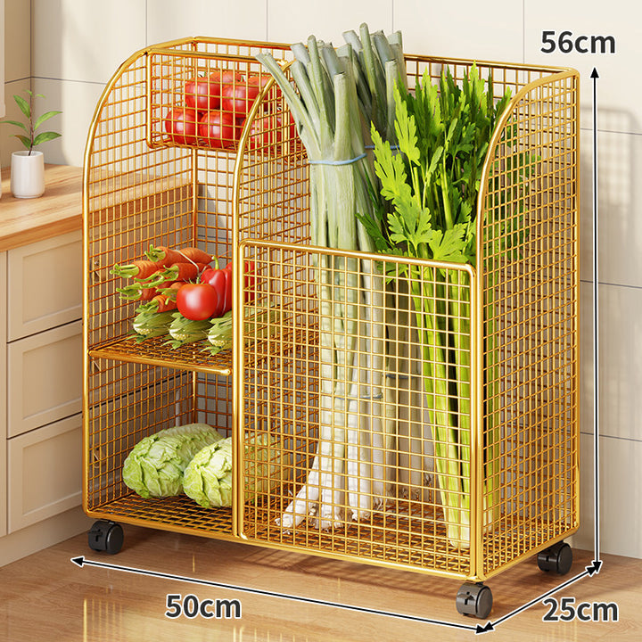 Rolling Metal Mesh Produce Storage Cart with Tall Vertical Compartment and Removable Shelves
