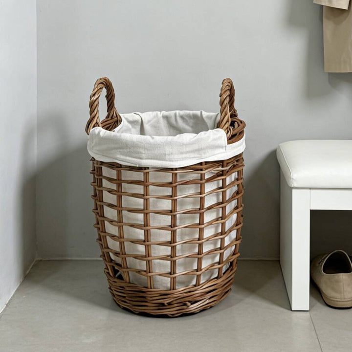 Handcrafted laundry basket with fabric cover