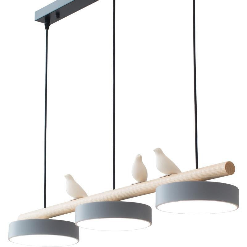Triple Light Scandinavian Wood Beam Pendant Lamp with Ceramic Bird Accents