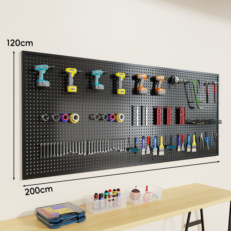 Heavy-Duty Wall-Mounted Perforated Steel Pegboard Tool Organizer with Modular Hooks and Shelf