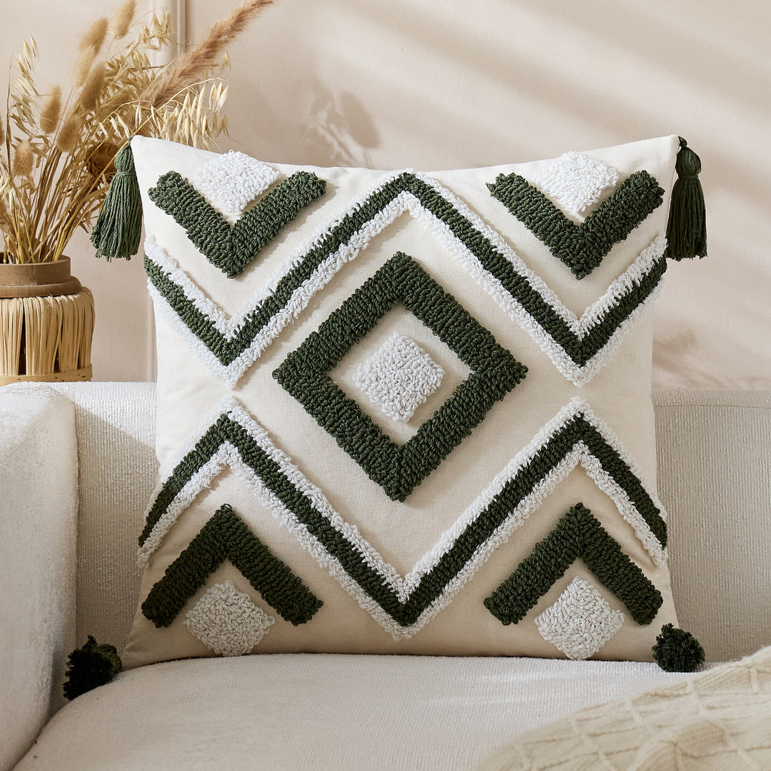 Tufted Geometric Boho Square Throw Pillow Cover with Corner Tassels and Hidden Zipper