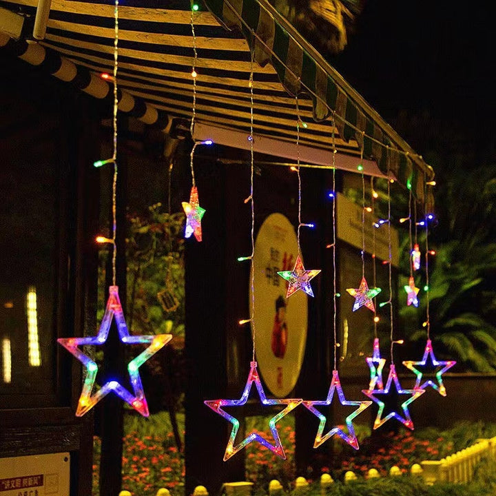 Festive LED Curtain String Lights with Hanging Star-Bell Tree and Reindeer Ornaments