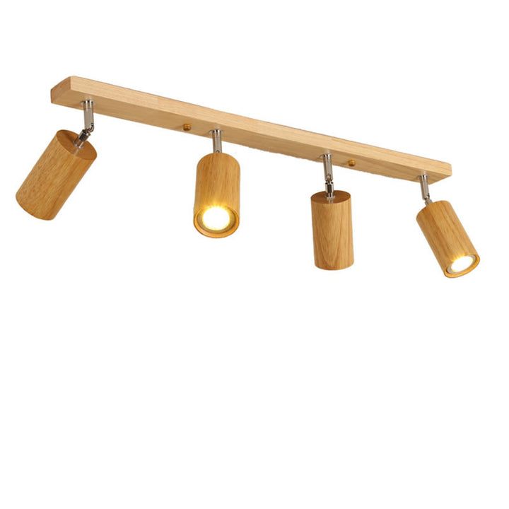 Wood beam ceiling rail with adjustable cylinder spotlights