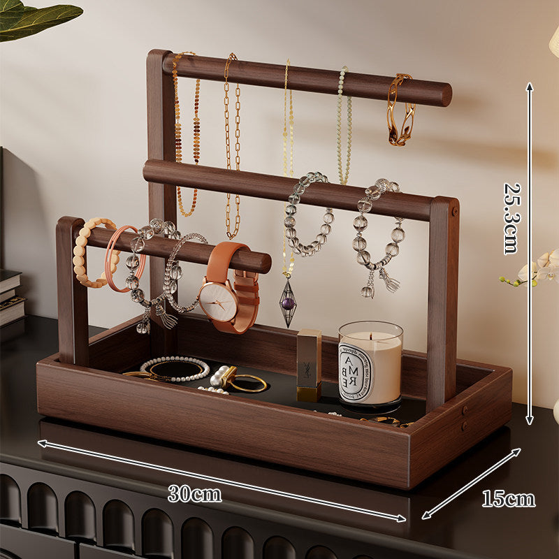Two-Tier Wooden Jewelry Organizer Tray with Hanging Necklace Rods