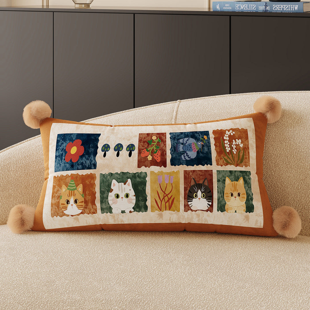 Decorative Rectangular Throw Pillow with Pom-Pom Corners and Patchwork Cat Illustration