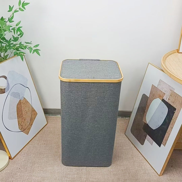 Laundry basket with removable lid and bamboo frame
