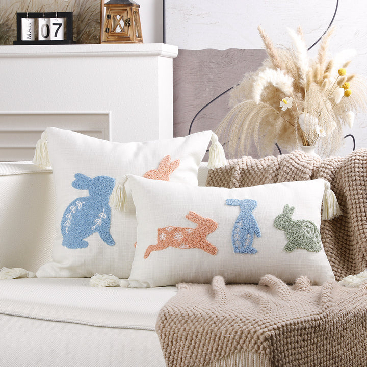 Embroidered Bunny Appliqué Tassel Lumbar Pillow Cover