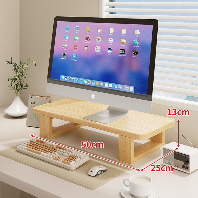 Wide Wooden Monitor Riser Shelf with Under-Shelf Storage and Cable Management
