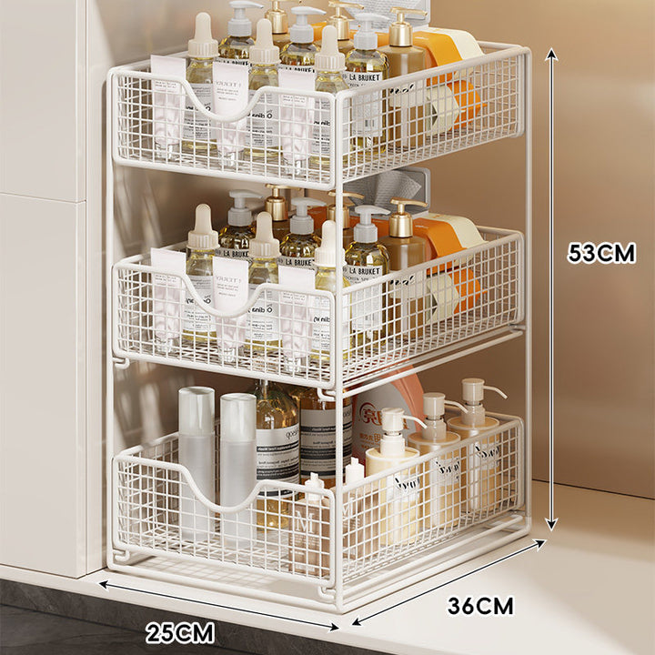 Three-Tier Sliding Mesh Drawer Cabinet Organizer for Kitchen and Bathroom