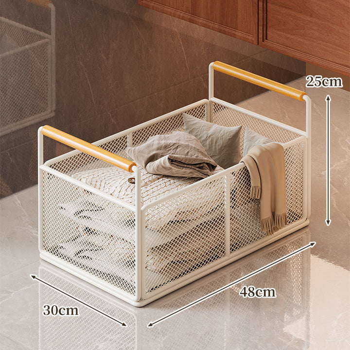 Rectangular Metal Mesh Storage Basket with Dual Wood-Hand Grips