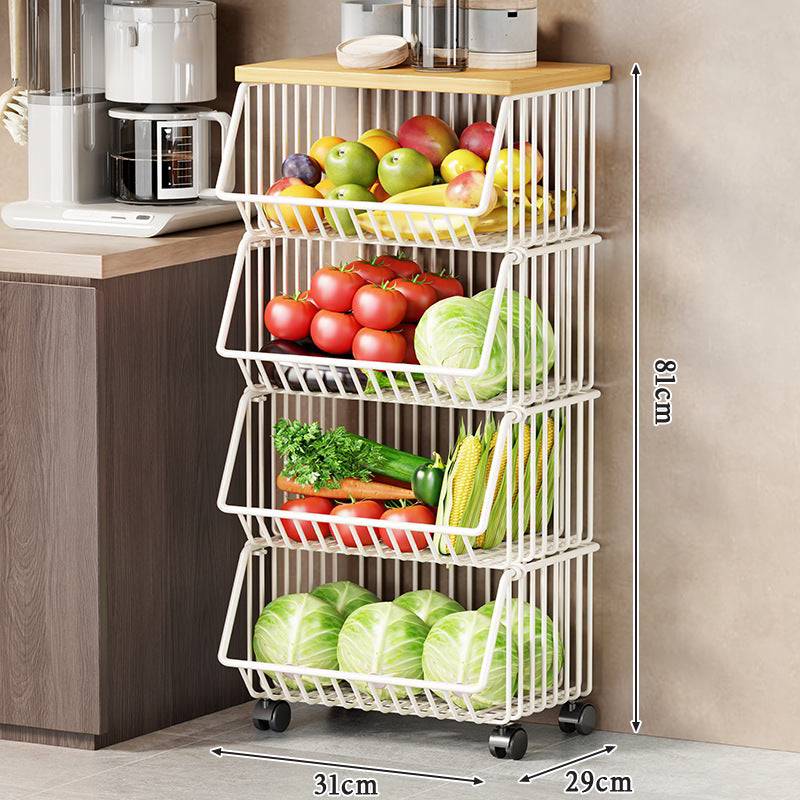 Multi-Tier Rolling Kitchen Fruit and Vegetable Storage Cart with Wood Top