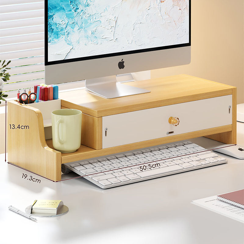 Wooden Monitor Riser with Lockable Drawer and Pen Organizer