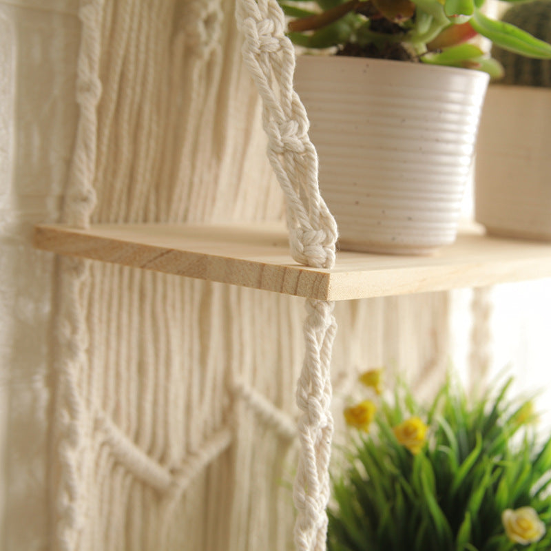 Decorative Wall-Mounted Macrame Shelf with Natural Wooden Accents