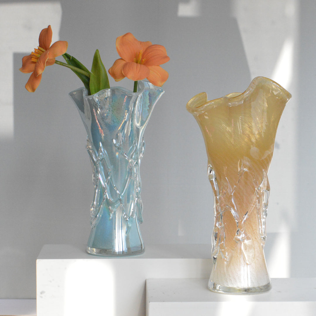 Iridescent Hand-Blown Sculptural Ruffled-Rim Art Glass Vase