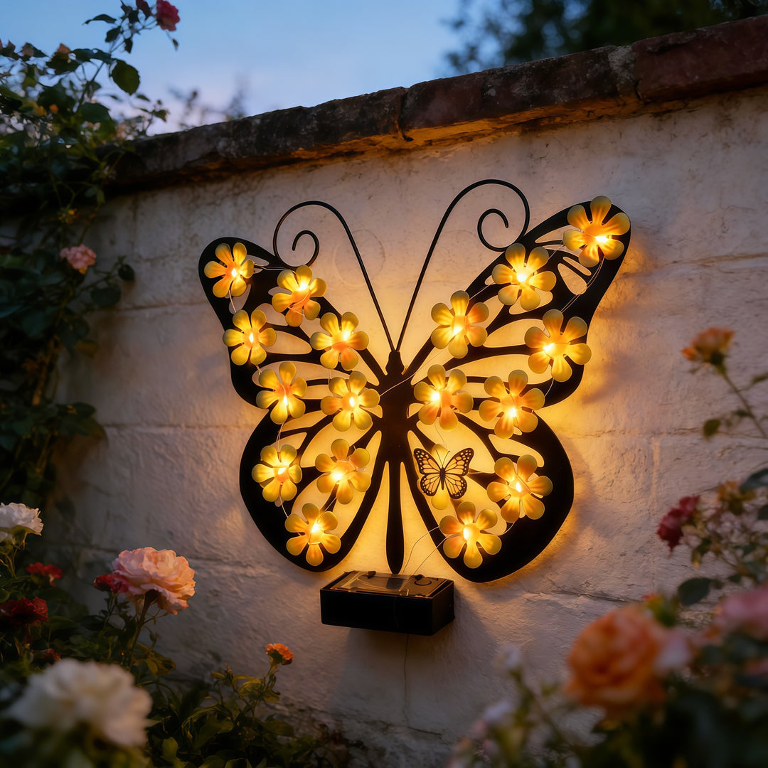 Decorative metal butterfly wall lamp with solar-powered flower LED string