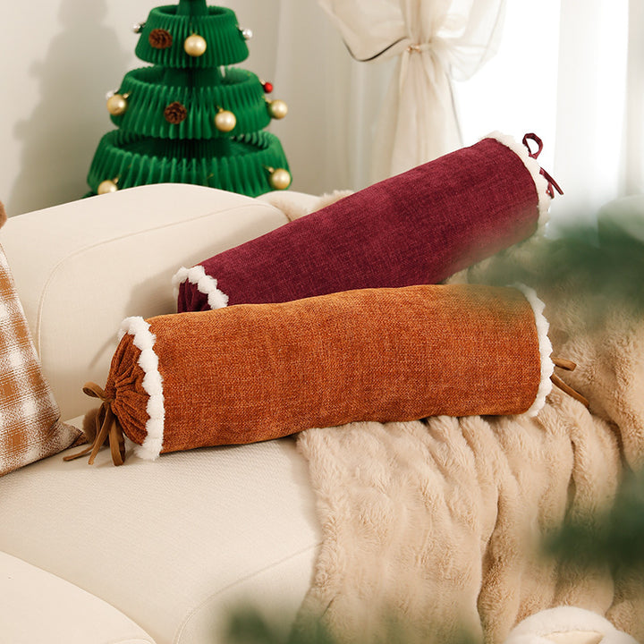 Cylindrical lumbar and neck pillow with velvety chenille surface and crocheted trim