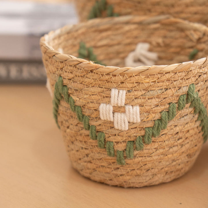 Handwoven storage basket with colorful accents