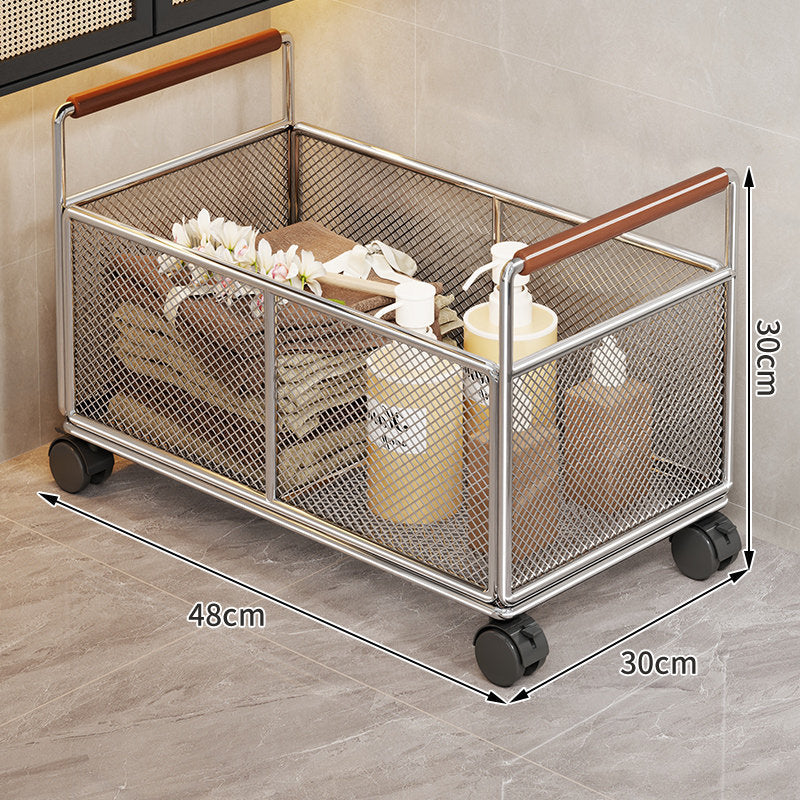 Rectangular Metal Mesh Countertop Storage Basket with Wooden Carry Handles