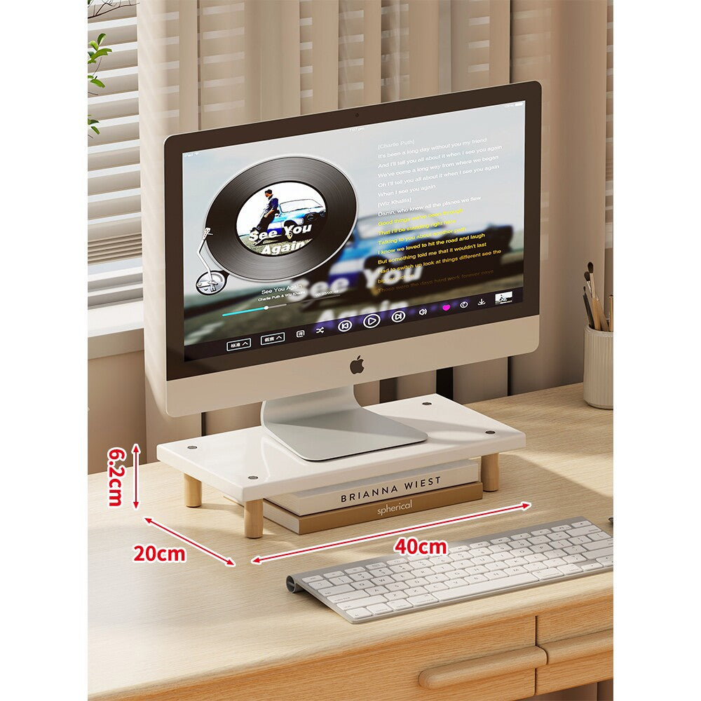 Compact Elevated Monitor Riser Stand with Wooden Legs and Under-Storage