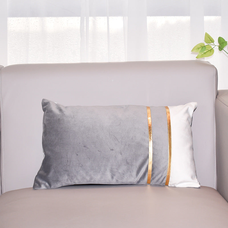 Rectangular Velvet-Blend Lumbar Cushion Cover with Dual Metallic Gold Bands