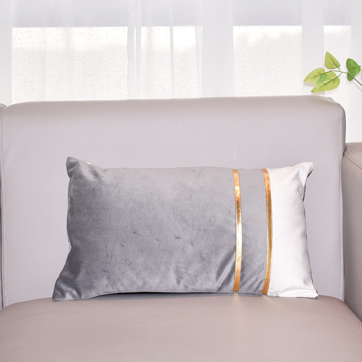 Rectangular Velvet-Blend Lumbar Cushion Cover with Dual Metallic Gold Bands