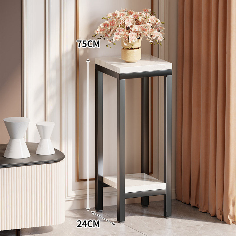 Tall Narrow Marble-Top Plant Stand Side Table with Lower Shelf and Gold Metal Frame
