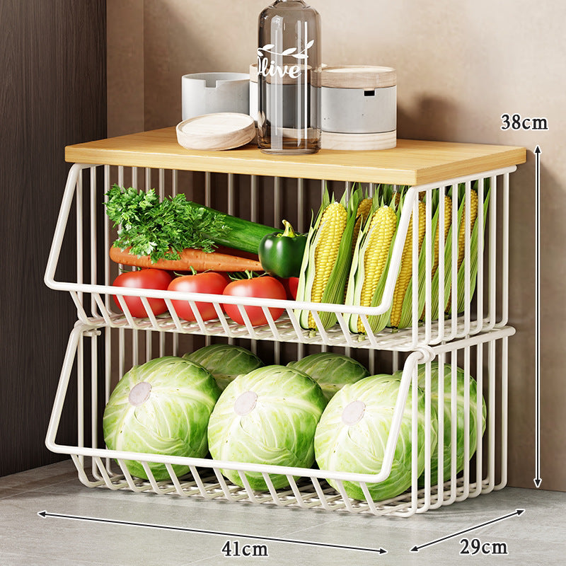 Multi-Tier Rolling Kitchen Fruit and Vegetable Storage Cart with Wood Top