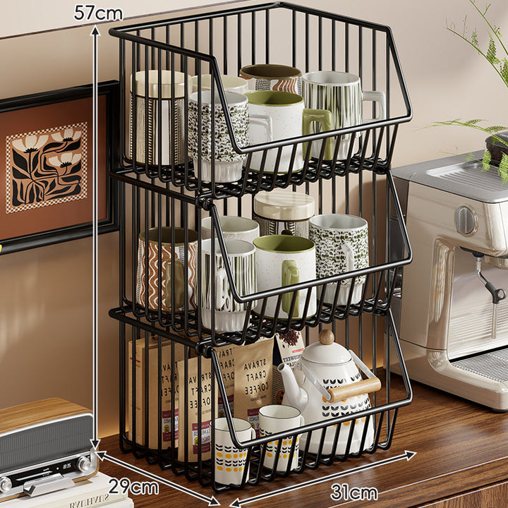 Four-Tier Tall Rolling Wire Pantry and Mug Storage Cart with Deep Slanted Baskets
