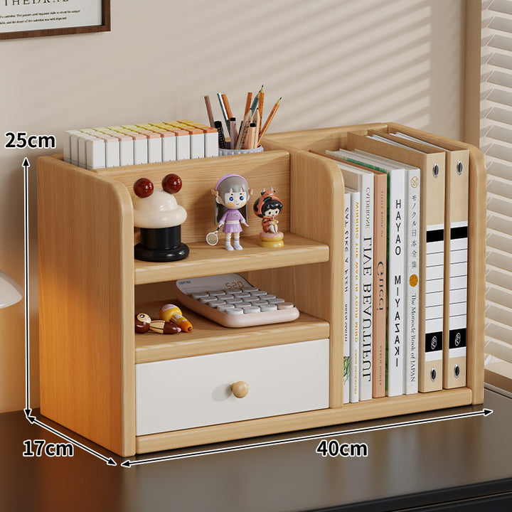 Bamboo-Style Multi-Compartment Desktop Bookshelf Organizer with Drawer