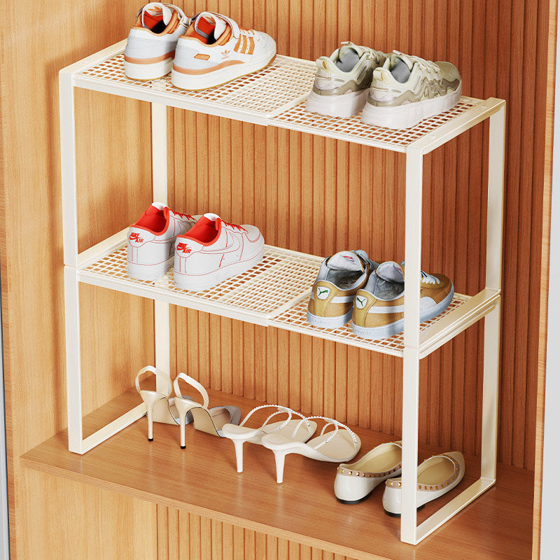 Multi-Tier Metal Mesh Shoe Storage Rack with Open Grid Shelves and Matte Frame