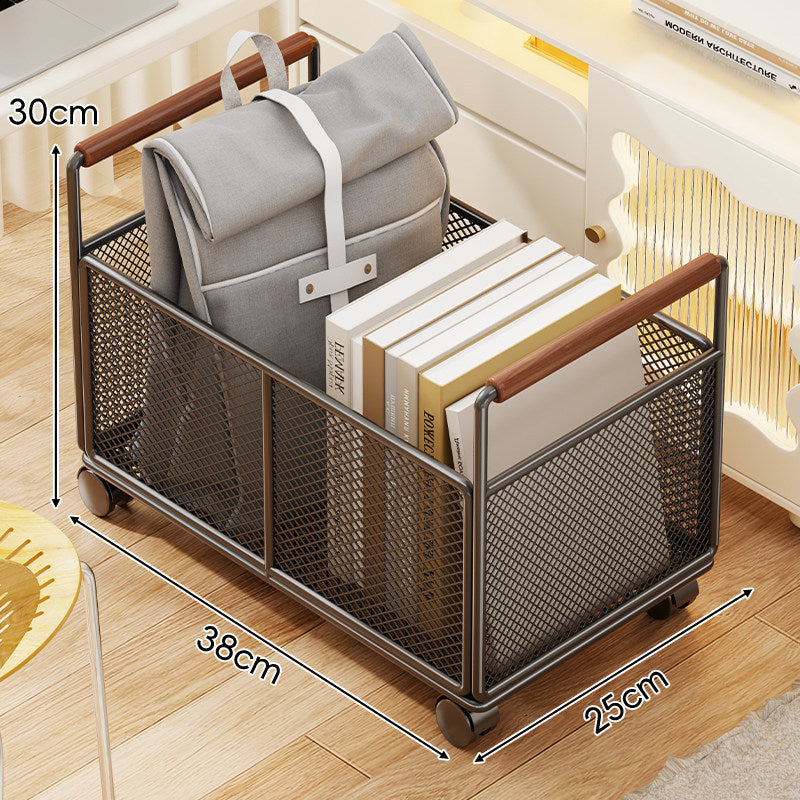 Rectangular Metal Mesh Storage Basket with Wooden Handle Rack