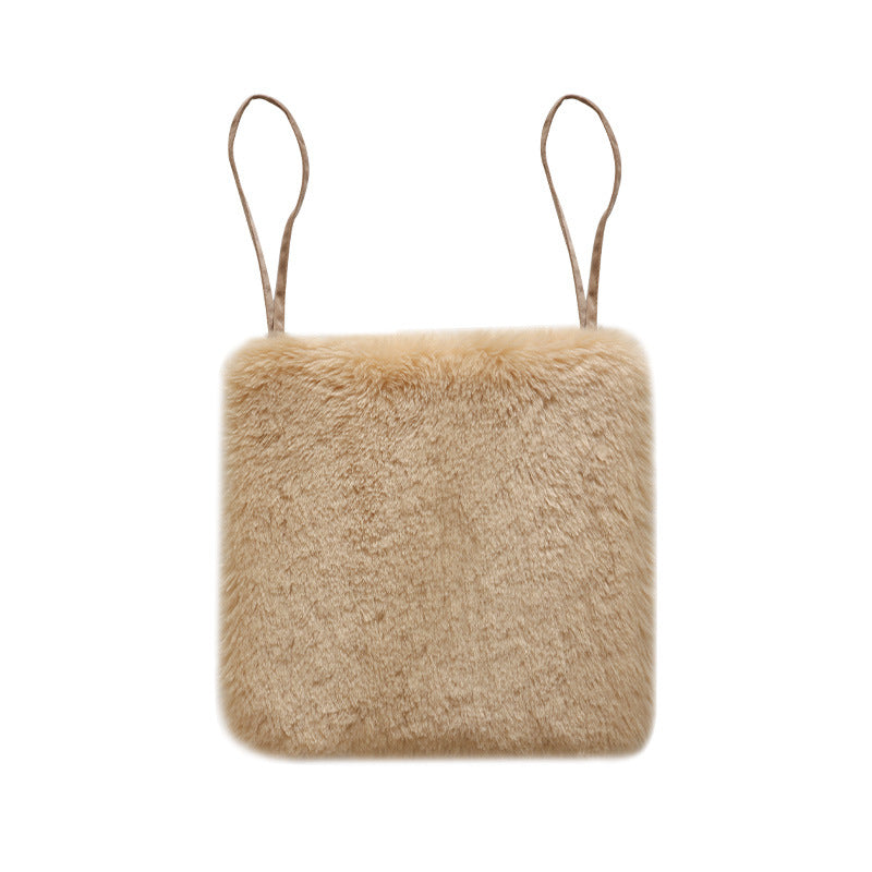 Square fluffy seat cushion with faux fur cover and attachment straps