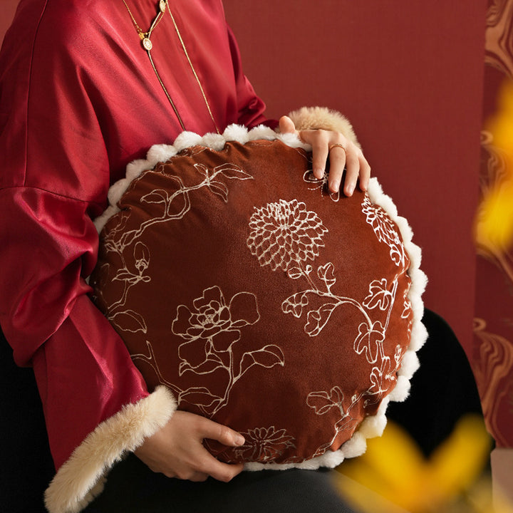 Round Velvet Decorative Cushion with Fine Line Embroidery and Wavy Plush Edge