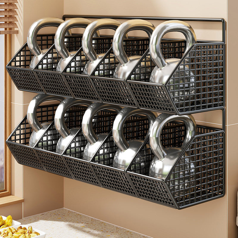 Wall-Mounted Double-Tier Grid Mesh Kitchen Storage Basket Organizer