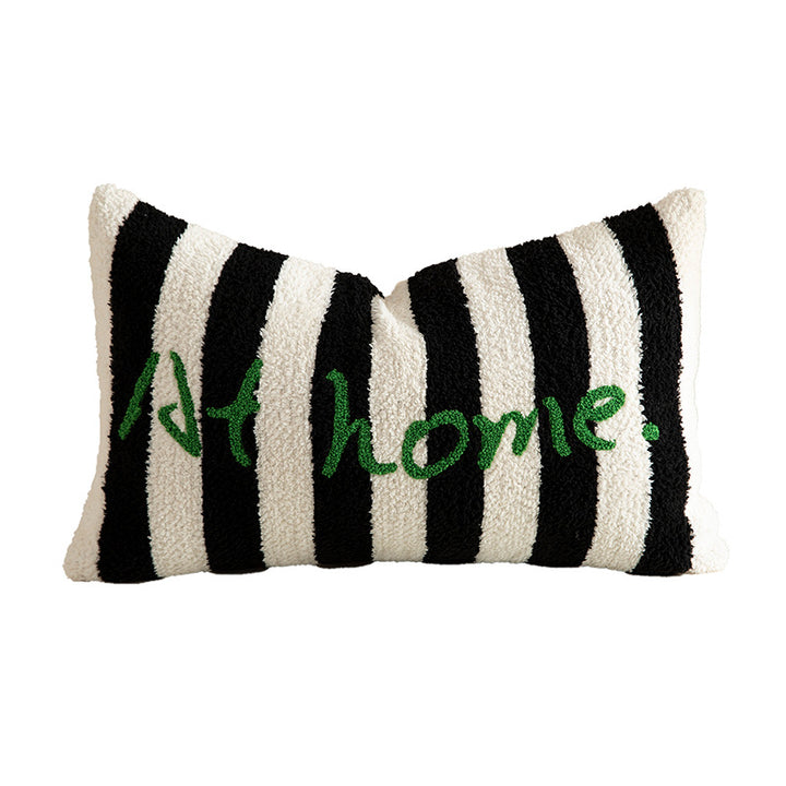 Striped bouclé decorative pillow with embroidered lettering and cuddly filling