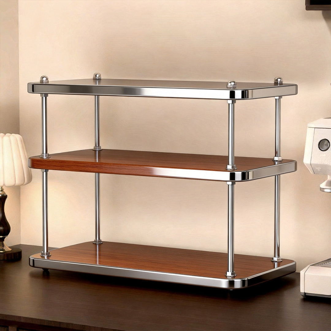 Compact Three-Tier Countertop Wooden Kitchen Shelf Organizer with Metal Rod Supports