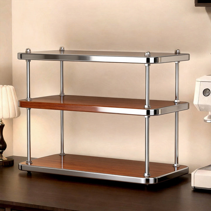 Compact Three-Tier Countertop Wooden Kitchen Shelf Organizer with Metal Rod Supports