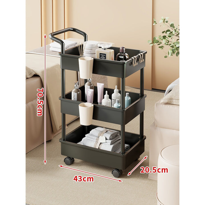 Compact Two-Tier Rolling Storage Trolley with Handle and Hooks