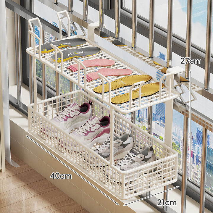 Hanging Balcony Two-Tier Shoe and Insole Organizer Rack with Mesh Baskets and Adjustable Hooks